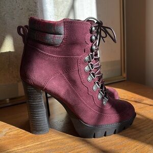 🐳 Nine West wine port suede high heel, lug sole hiking boot:
